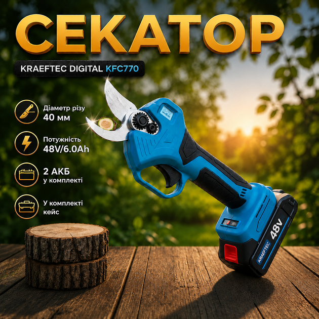 Секаторы садовые Krafftec Digital KFC770 48 V Аккумуляторный секатор для работ в саду (Ручной электрический секатор) Электросекатор (Веткорез) - Фото 1 Секаторы садовые Krafftec Digital KFC770 48 V Аккумуляторный секатор для работ в саду (Ручной электрический секатор) Электросекатор (Веткорез) - изображение 1