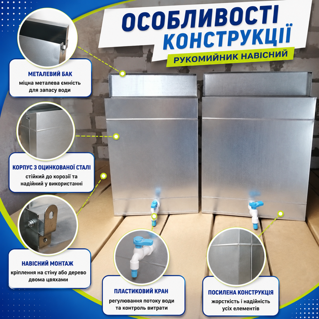 Умывальник дачный навесной 10 л из оцинкованного металлопрофиля 330×420×90 мм с пластиковым краном для регулировки подачи воды Рукомойник для личной гигиены - изображение 5