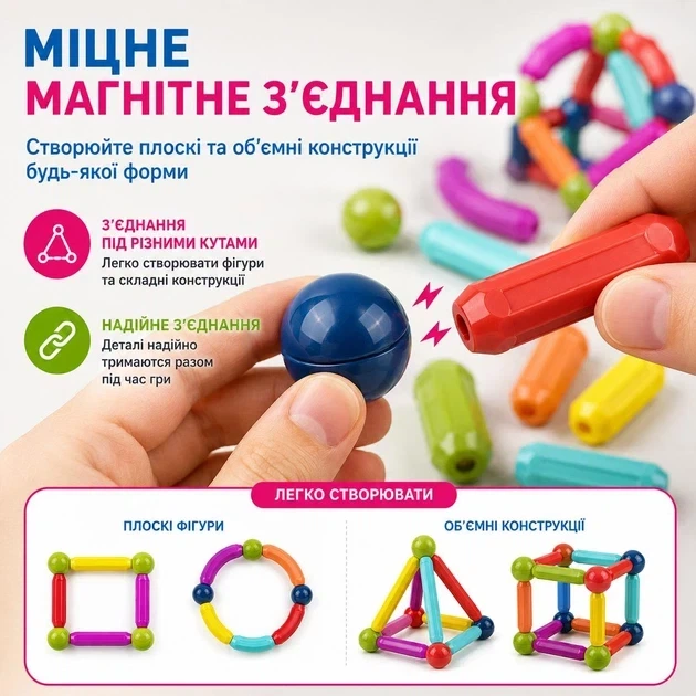 Дитячий магнітний 3D конструктор 100 деталей з магнітних паличок і кульок у кейсі для зберігання, різнокольоровий - Фото 3 Дитячий магнітний 3D конструктор 100 деталей з магнітних паличок і кульок у кейсі для зберігання, різнокольоровий - зображення 3