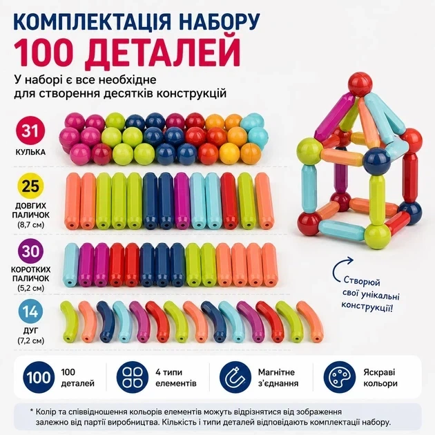 Дитячий магнітний 3D конструктор 100 деталей з магнітних паличок і кульок у кейсі для зберігання, різнокольоровий - Фото 6 Дитячий магнітний 3D конструктор 100 деталей з магнітних паличок і кульок у кейсі для зберігання, різнокольоровий - зображення 6