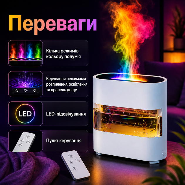 Зволожувач повітря SUN 3 в 1 з імітацією дощу, ефектом полум’я, LED-підсвічуванням, ароматичним дифузором, білим шумом, пультом, резервуаром 300 мл та живленням Type-C - зображення 3