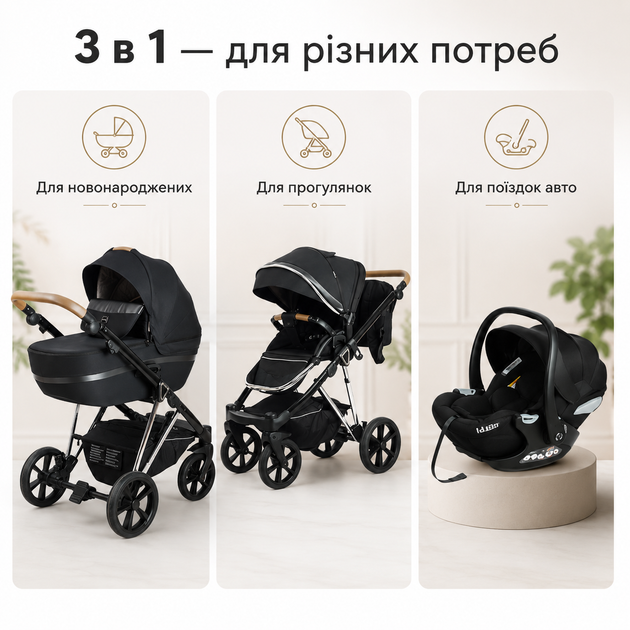 Универсальная детская коляска 3в1 с автокреслом черная - изображение 2