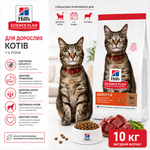 Сухой корм для взрослых кошек Hill's Science Plan Adult с ягненком 10 кг - Фото 1 Сухой корм для взрослых кошек Hill's Science Plan Adult с ягненком 10 кг - изображение 1