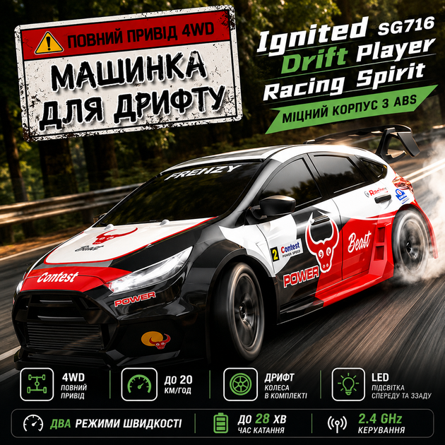 Машинка на радіокеруванні ZLL SG716 1:24 4WD, RC дрифт авто на пульті, спортивний автомобіль до 20 км/год, LED підсвітка - зображення 3