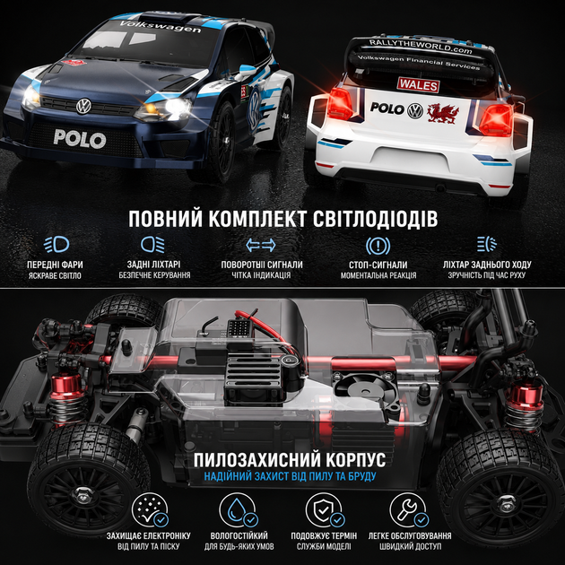 Радіокерована машинка MJX Hyper Go 14304 VW Polo R WRC 1:14 4WD Brushless на пульті керування до 42 км/год, RC Rally автомобіль - зображення 7