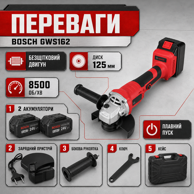 Аккумуляторная угловая шлифмашина Bosch GWS162, 24 В, 5 А·ч, для резки, шлифования и зачистки - изображение 3