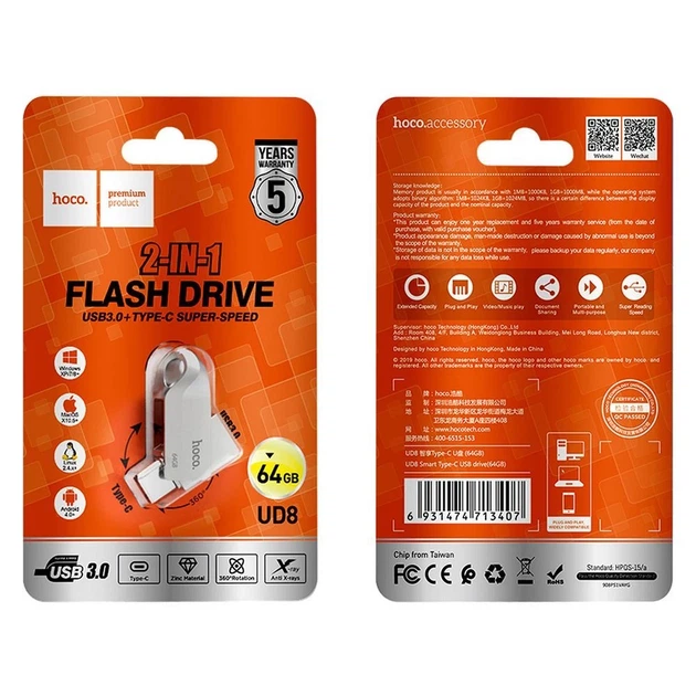 Флешка Hoco UD8 64GB USB 3.0 USB A + USB C Silver (6931474713407) - зображення 2