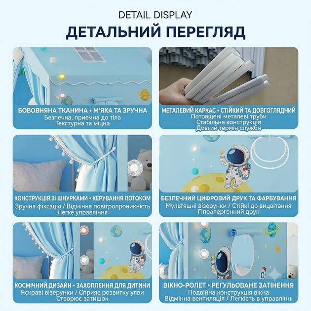 Детский домик-палатка Космос с металлическим каркасом бархат хлопок голубой - Фото 6 Детский домик-палатка Космос с металлическим каркасом бархат хлопок голубой - изображение 6