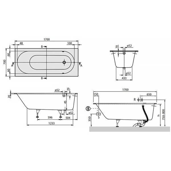 Ванна кварилова Villeroy&Boch Oberon uBQ177OBE2V-01 170х70 см з ніжками - изображение 3