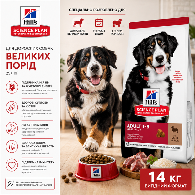 Сухий корм для дорослих собак великих порід Hill's Science Plan Adult Large Breed з ягнятком та рисом 14 кг - Фото 1 Сухий корм для дорослих собак великих порід Hill's Science Plan Adult Large Breed з ягнятком та рисом 14 кг - зображення 1
