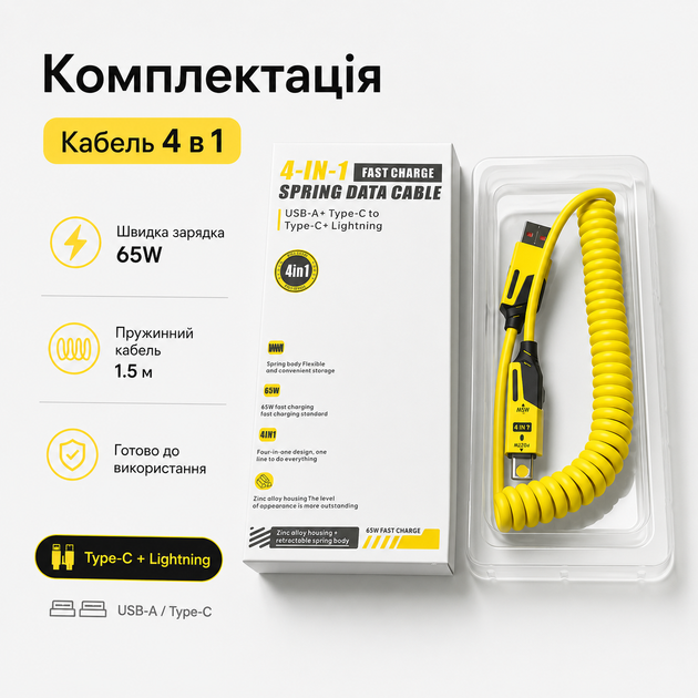 Универсальный кабель 65W+PD TYPE-C. Lighting , USB/ 4-in-1 с поддержкой CarPlay/CarLife - изображение 11