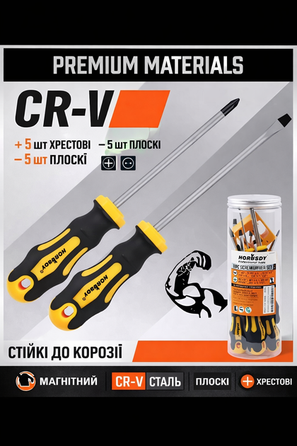 Набор отверток Horusdy 11 в 1 CR-V с магнитными наконечниками желто-черные - изображение 3