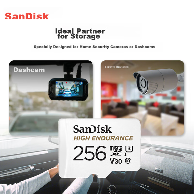 Карта пам'яті SANDISK High Endurance microSDXC 256GB UHS-I U3 V30 + SD-адаптер - Фото 2 Карта пам'яті SANDISK High Endurance microSDXC 256GB UHS-I U3 V30 + SD-адаптер - зображення 2