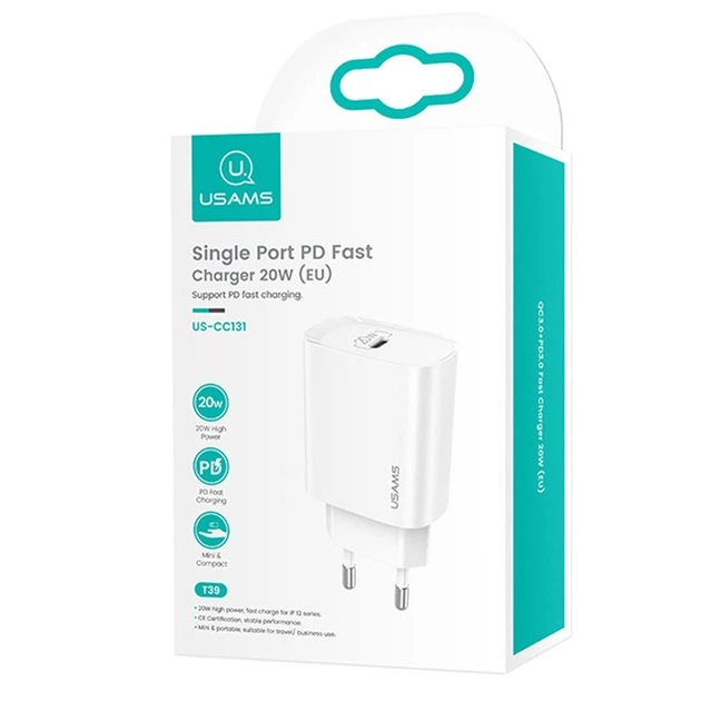 Мережевий зарядний пристрій USAMS T39 US-CC131 Single Port PD Fast Charger 20W White - изображение 4