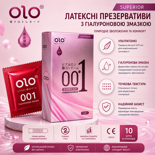 Презервативи OLO 001 Superior з точковою текстурою та гіалуроновою змазкою 10 шт (ROZ6501053717) - Фото 3 Презервативи OLO 001 Superior з точковою текстурою та гіалуроновою змазкою 10 шт (ROZ6501053717) - зображення 3