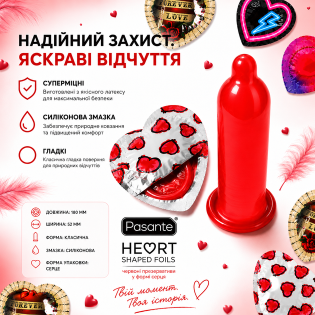 Презервативи Pasante Love Mix Червоного кольору в унікальному пакуванні у формі серця 10 шт (ROZ6501053721) - зображення 2