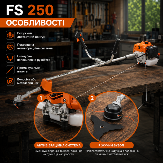 Бензокоса FS 250 52 см3 3.5 кВт бензиновая двухтактная с ножом и леской для кошения травы сорняков кустов и садовых работ - изображение 4