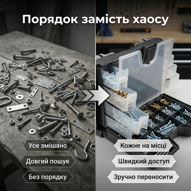 Органайзер Mastertool 36х29х19,5см з ручкою 49 секцій для інструментів дрібниць пластик двосторонній 14" - зображення 5