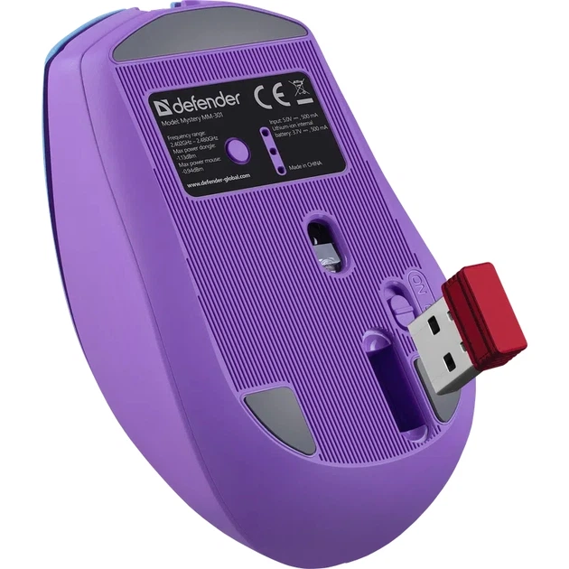 Мишка Defender Mystery MM-301 бездротова Bluetooth+2 4G 1600 dpi 4кн 500mAh LED фіолетова (52301) - изображение 5