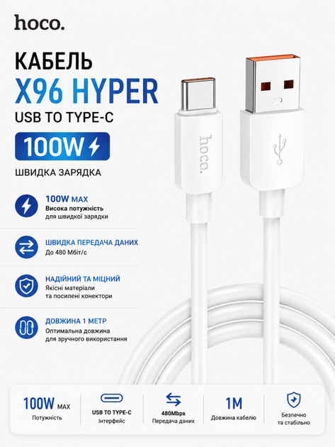 Кабель Hoco X96 Hyper 100W (USB на Type-C) (колір білий) - Фото 1 Кабель Hoco X96 Hyper 100W (USB на Type-C) (колір білий) - зображення 1