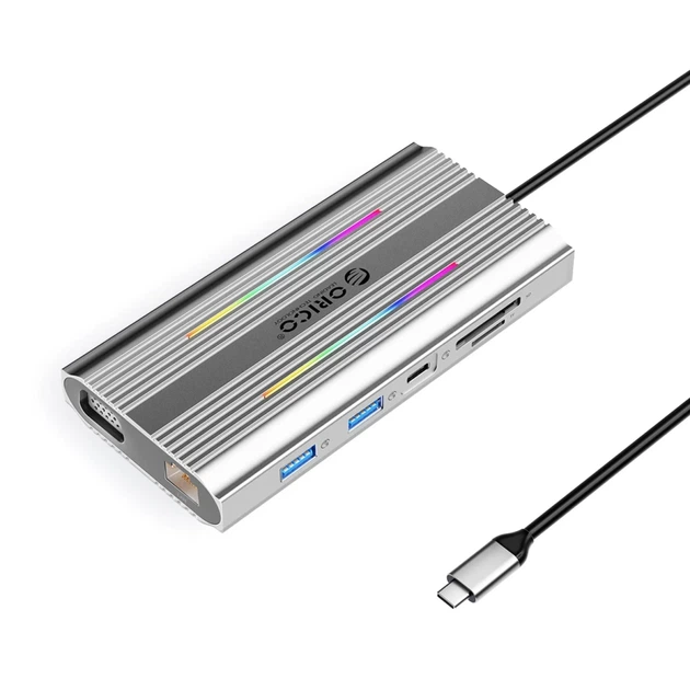 Док-станция USB-C Orico XCR 12-в-1 RGB 3×USB-A USB-C PD 100 Вт HDMI 4K VGA RJ45 SD/microSD Silver (6941788803848) - Фото 1 Док-станция USB-C Orico XCR 12-в-1 RGB 3×USB-A USB-C PD 100 Вт HDMI 4K VGA RJ45 SD/microSD Silver (6941788803848) - изображение 1
