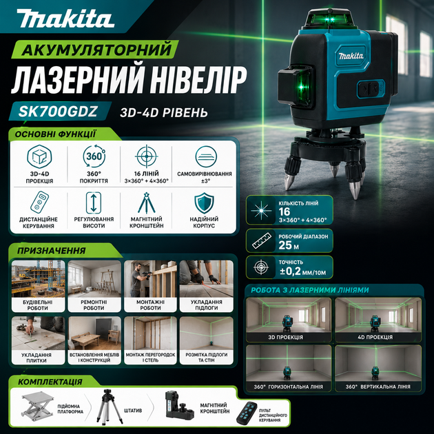 Лазерный Нивелир 3D-4D Makita 16x360° Лазерный уровень АКБ Нивелир с дистанционным управлением - изображение 4
