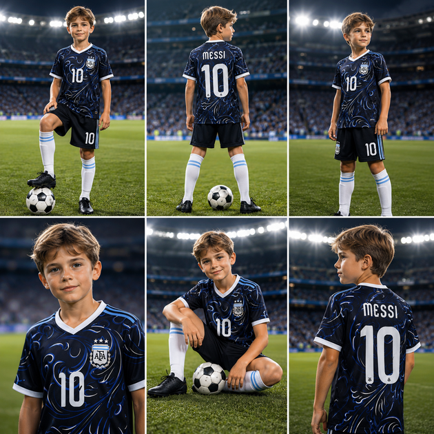 Форма футбольна дитяча Argentina 2026 Messi 10 чорна синя комплект футболка та шорти розмір 18 — зріст 100–110 см - изображение 4
