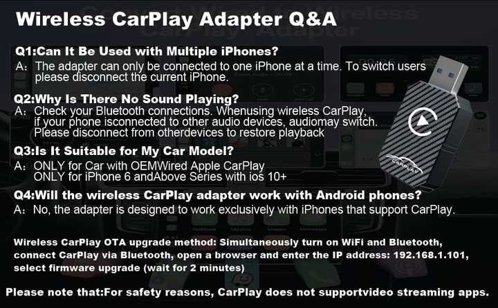 Беспроводной адаптер Apple CarPlay 2025 Mini USB-C/USB-A, Bluetooth, Plug&Play, для автомобилей с проводным CarPlay - изображение 7