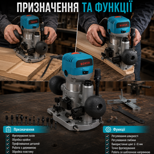 Електричний ручний фрезер BOXER BX-214 2000 Вт 13000 30000 об хв глибина занурення 35 мм цанги 6 і 8 мм для дерева та пластику - Фото 2 Електричний ручний фрезер BOXER BX-214 2000 Вт 13000 30000 об хв глибина занурення 35 мм цанги 6 і 8 мм для дерева та пластику - зображення 2