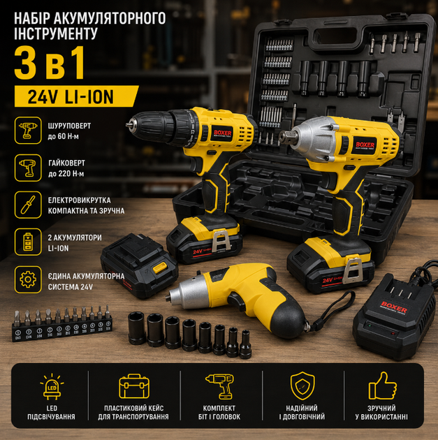 Акумуляторний набір інструменту BOXER SR 032 шуруповерт гайковерт викрутка 24V із двома акумуляторами Li Ion для ремонту будівництва і монтажних робіт - Фото 2 Акумуляторний набір інструменту BOXER SR 032 шуруповерт гайковерт викрутка 24V із двома акумуляторами Li Ion для ремонту будівництва і монтажних робіт - зображення 2