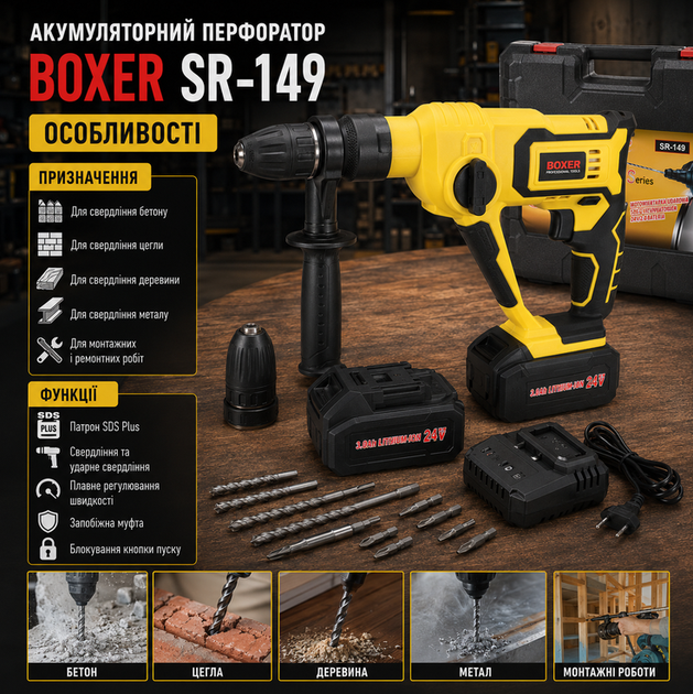 Акумуляторний перфоратор BOXER SR 148 SDS Plus 24V 3Ah із двома акумуляторами швидкозатискним патроном 5000 уд хв у кейсі - Фото 3 Акумуляторний перфоратор BOXER SR 148 SDS Plus 24V 3Ah із двома акумуляторами швидкозатискним патроном 5000 уд хв у кейсі - зображення 3