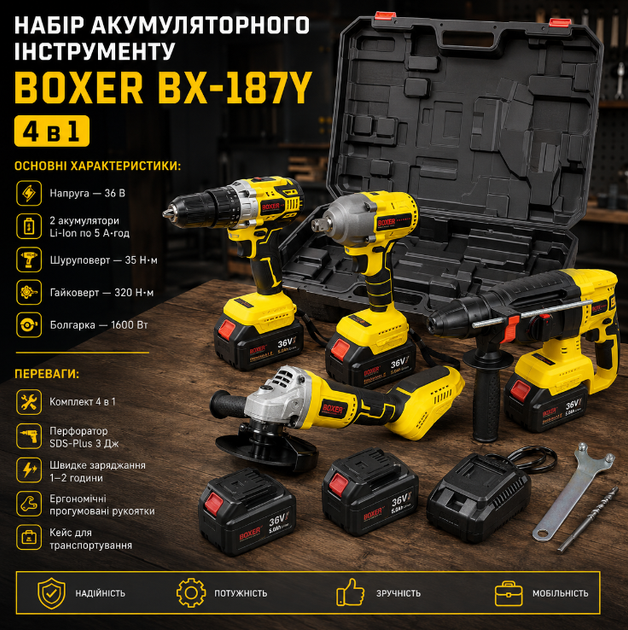 Набір акумуляторного інструменту Boxer BX 187Y 36V 5 0Ah шуруповерт ударний гайковерт перфоратор SDS Plus та кутова шліфувальна машина з двома акумуляторами - зображення 2