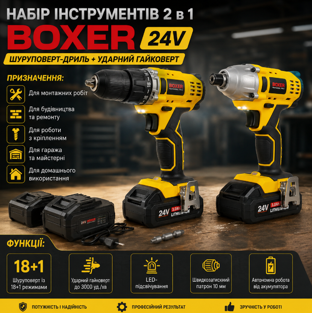 Набір акумуляторного інструменту BOXER SR 034 шуруповерт дриль гайковерт 24 4V 3Ah із двома акумуляторами Li Ion у кейсі - зображення 4