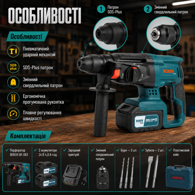 Перфоратор акумуляторний BOXER SR-083 24 В 2 акумулятори 4 А·год SDS Plus 2,1 Дж три режими зі свердлильним патроном і кейсом - Фото 3 Перфоратор акумуляторний BOXER SR-083 24 В 2 акумулятори 4 А·год SDS Plus 2,1 Дж три режими зі свердлильним патроном і кейсом - зображення 3