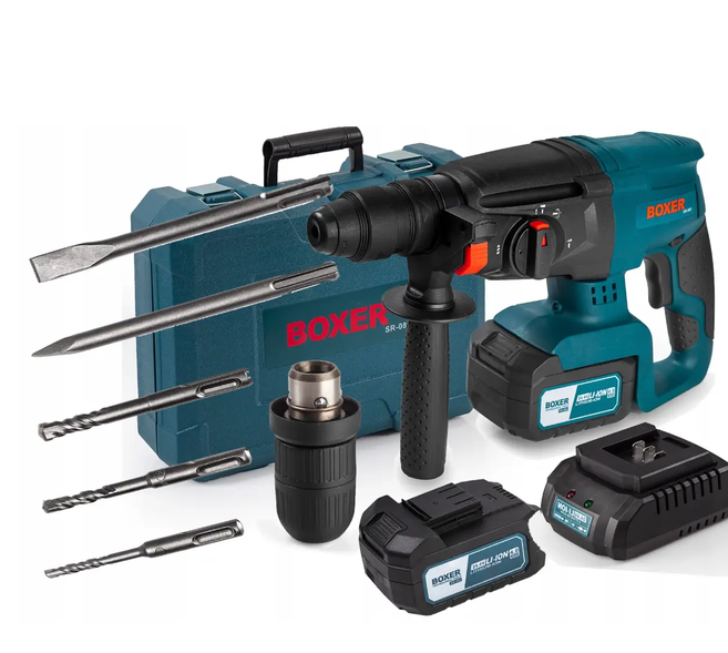 Перфоратор акумуляторний BOXER SR-083 24 В 2 акумулятори 4 А·год SDS Plus 2,1 Дж три режими зі свердлильним патроном і кейсом - Фото 4 Перфоратор акумуляторний BOXER SR-083 24 В 2 акумулятори 4 А·год SDS Plus 2,1 Дж три режими зі свердлильним патроном і кейсом - зображення 4