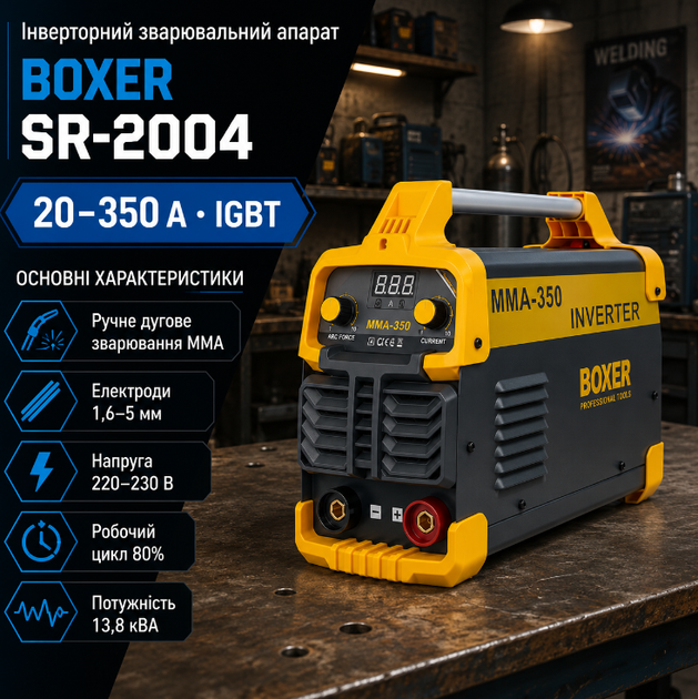 Инверторный сварочный аппарат BOXER SR-2004 MMA IGBT 20 350 А для электродов 1,6 5 мм со щитком кабелями и щеткой - Фото 1 Инверторный сварочный аппарат BOXER SR-2004 MMA IGBT 20 350 А для электродов 1,6 5 мм со щитком кабелями и щеткой - изображение 1