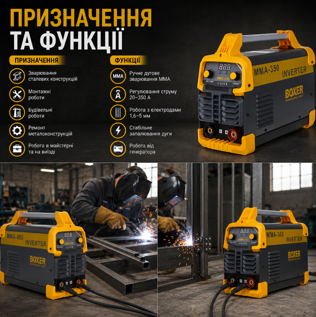 Инверторный сварочный аппарат BOXER SR-2004 MMA IGBT 20 350 А для электродов 1,6 5 мм со щитком кабелями и щеткой - Фото 2 Инверторный сварочный аппарат BOXER SR-2004 MMA IGBT 20 350 А для электродов 1,6 5 мм со щитком кабелями и щеткой - изображение 2