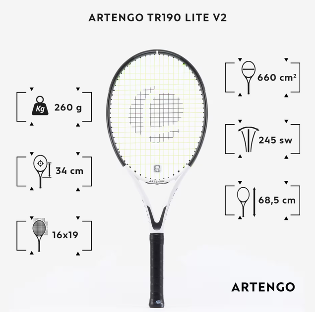 Ракетка для Большого Тенниса Artengo TR190 Lite V2 Белый - Фото 2 Ракетка для Большого Тенниса Artengo TR190 Lite V2 Белый - изображение 2