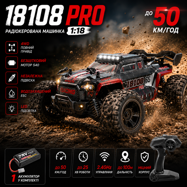 Радиоуправляемая Машинка на пульте 18108 PRO 1:18 внедорожник 4WD, 50 км/ч полный привод, LED свет 2 АКУМУЛЯТОРА - изображение 7