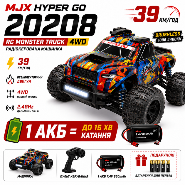 Машинка на радиоуправлении MJX Hyper Go 20208 1:20 4WD до 39 км/ч, Brushless RC монстр-трак, внедорожник на пульте, полный привод - изображение 9