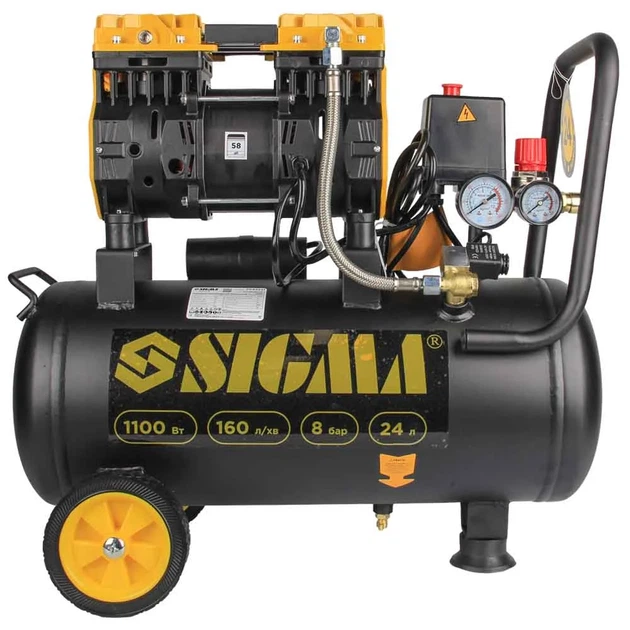 Компрессор безмасляный двухцилиндровый Sigma 1.1 кВт 24 л 160 л/мин 8 бар 58 дБ 25 кг - Фото 8 Компрессор безмасляный двухцилиндровый Sigma 1.1 кВт 24 л 160 л/мин 8 бар 58 дБ 25 кг - изображение 8