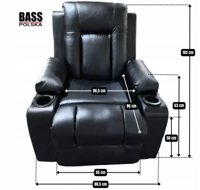 Шкіряне масажне крісло Bass Polska BH 30040 RELAX з функцією сну та вібромасажем 5 програм розкладне чорне - зображення 8