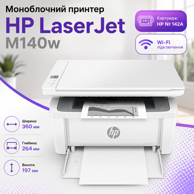 Монохромний лазерний БФП HP LaserJet M140w з Wi-Fi, Bluetooth, USB 2.0, друком, копіюванням, скануванням, швидкістю 20 стор/хв і підтримкою HP Smart - зображення 2