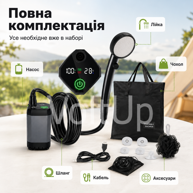 Портативный аккумуляторный душ MaxFlow 6000 мА·ч с насосом, термометром, 2 режимами и USB Type-C для кемпинга и дачи - изображение 10