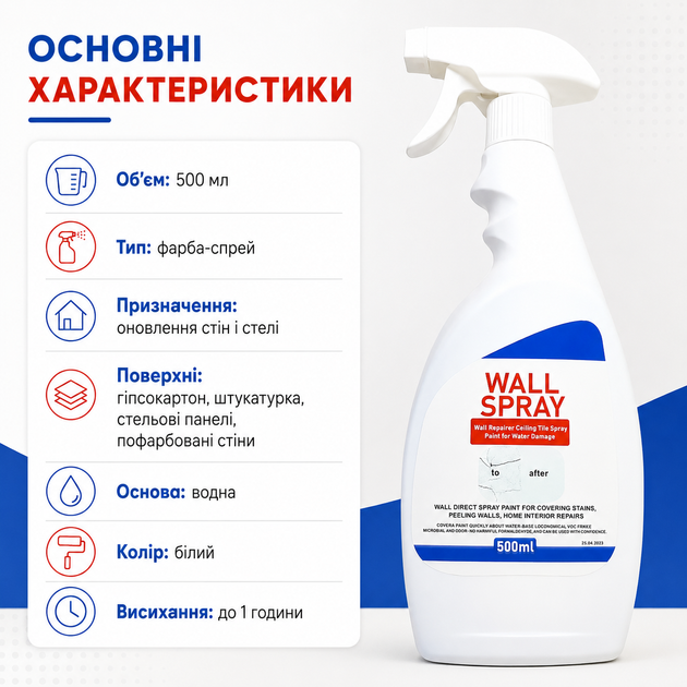 Фарба для захисту стін і меблів Wall Spray Фарба спрей, 500 мл Спрей для стін і стелі Біла фарба спрей - зображення 10