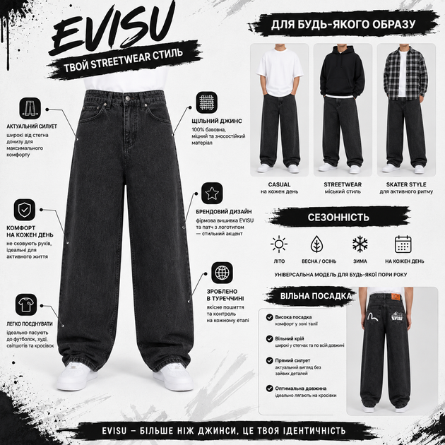 Джинси чоловічі широкі EVISU сірі баггі оверсайз Y2K Туреччина 31 (1027-294-2) - изображение 8
