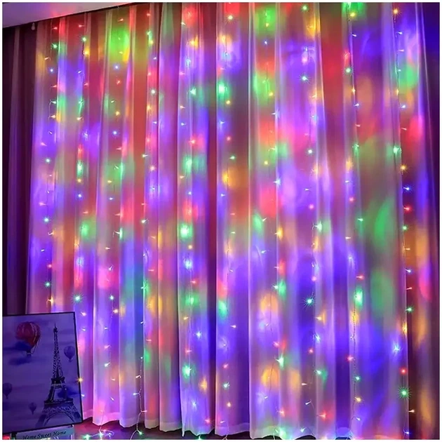 Гирлянда штора 3х2м 200 LED теплый белый разноцветный для украшения окон и стен - Фото 7 Гирлянда штора 3х2м 200 LED теплый белый разноцветный для украшения окон и стен - изображение 7