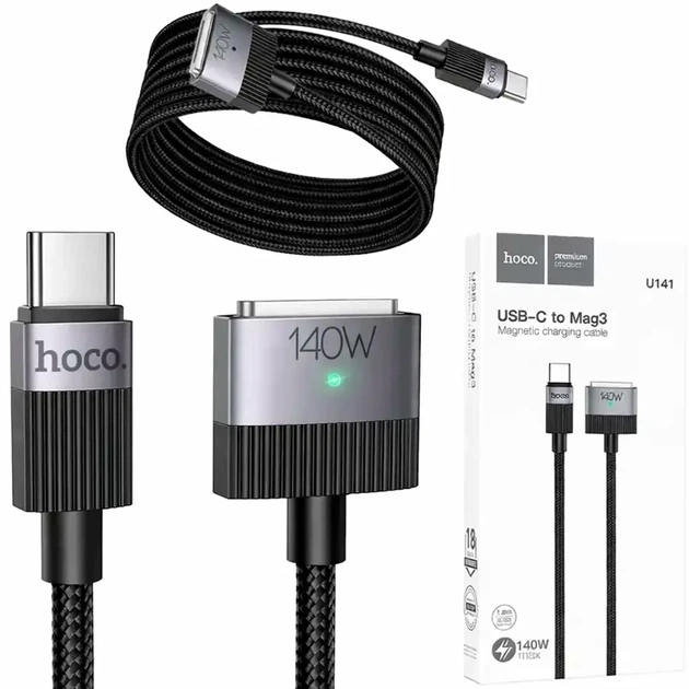 Кабель Type-C to MagSafe 3 1,8м 140 Вт чорний Hoco U141 для заряджання та передавання даних - Фото 1 Кабель Type-C to MagSafe 3 1,8м 140 Вт чорний Hoco U141 для заряджання та передавання даних - зображення 1