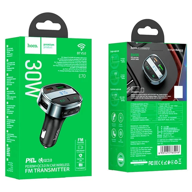 АЗУ FM модулятор Hoco E70 PD30W+QC3.0 30W 1USB-A/1C Пластик Чорний - зображення 5