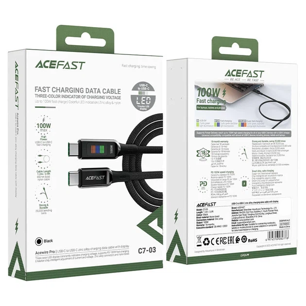 Зарядный кабель Acefast C7-03 Type-C to Type-C 100W 1.2 м черный PC + нейлон - изображение 6